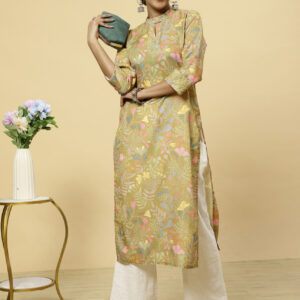 Women Printed Linen Blend Straight Kurta  (Yellow)