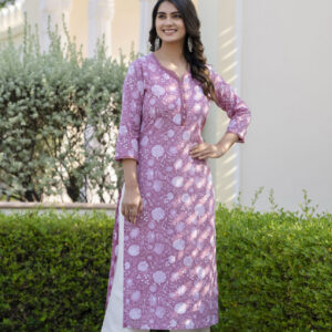 Women Printed Pure Cotton Straight Kurta  (Purple)