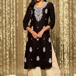 Black Ethnic motifs floral embroidered thread work detail straight kurta