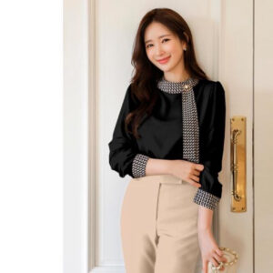 Black Stylish Women's Long Sleeve Top with Decorative Collar and Cuffs