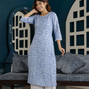 Women Printed Pure Cotton Straight Kurta  (Blue)