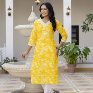 Women Embroidered Pure Cotton Straight Kurta  (Yellow)