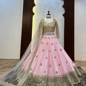 Pink Georgette Digital Printed Embroidery Lehenga Choli