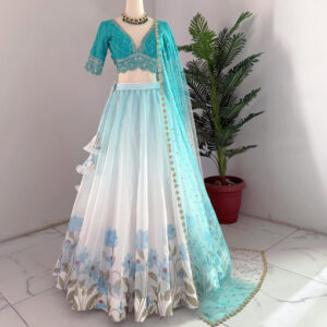 Light Aqua Blue & white Floral Embroidered Designer Lehenga