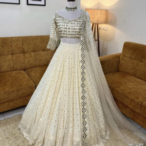 White Georgette Digital Printed Embroidery Lehenga Choli