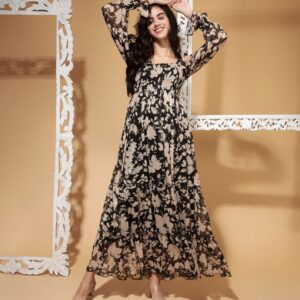 Women Fit and Flare Black, Beige Midi/Calf Length Dress